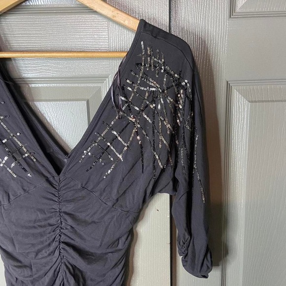 Black Sequin Batwing Ruched Mini Dress Y2K Sparkle Deep V-Neck Dress Size S - Picture 2 of 5